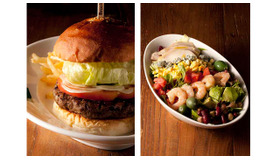 左：ハンバーガー フレンチフライ添え。シンプルなハンバーガーから、「アボカド ＆ チェダー バーガー」「マッシュルーム ＆ モッツァレラ バーガー」などもあり、トッピングも豊富　右：コブサラダ