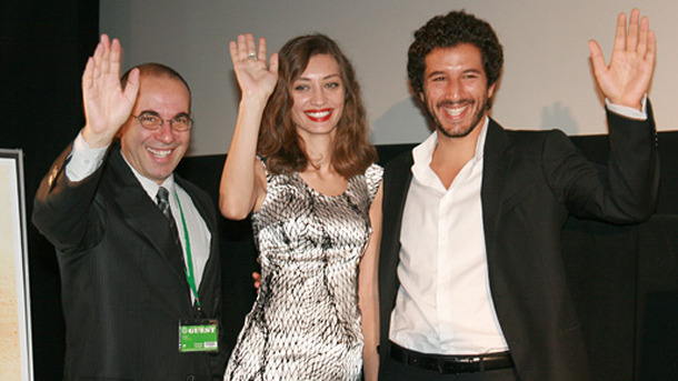 『バーリア』プレミア上映にて（左から）ジュゼッペ・トルナトーレ監督、フランチェスコ・シアンナ、マルガレト・マデ