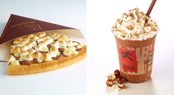 MAX BRENNER 左：「チョコレートチャンクピザ」　右：「チョコテール(チョコレート ヘーゼルナッツ ミルクシェイク）」