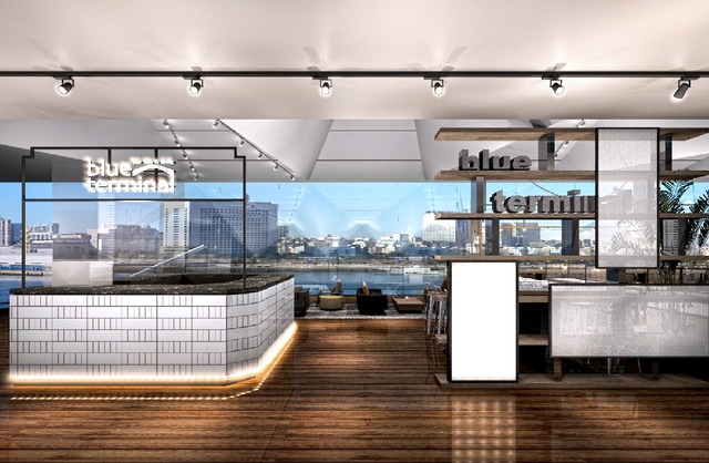 横浜 大さん橋 グルメバーガーカフェ「cafe & dining blue terminal（カフェ アンド ダイニング ブルー ターミナル」内観イメージ