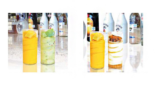 左写真：左から「リクォリーノ」ジン × マンゴー、 ウォッカ ×キウイ　右写真：左から「リクォリーノ」ジン × マンゴー、アマレット×ミルク