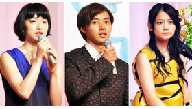 左から、門脇麦＆山崎賢人＆清水富美加／NHK連続テレビ小説「まれ」追加キャスト発表会見