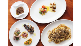 シチリアセット：ウニのブルスケッタ、カポナータ、マグロ顎肉とナスのミント和え、レモンのサラダ、そら豆のズッパ、メカジキのインポルティーニ、ヤリイカのエオリア風、パスタ・コン・レ・サルデ