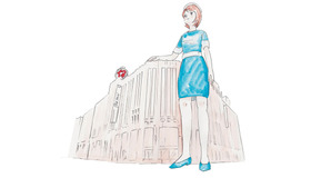 伊勢丹新宿店に手をかけて立つ、デパガちゃん