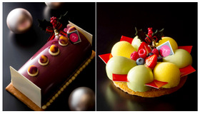 『ピエール・ガニェール パン・エ・ガトー』2014年クリスマスケーキの予約受付開始。左、「ビュッシュ・ド・ノエル マロン」（6,480円） 右、「ピスターシュ マンダリン」（6,480円）