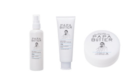 「ママバター」の新メンズライン「パパバター」。パッケージには藤巻幸夫氏をモチーフにしたイメージが使用されている。