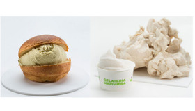 「マルゲラ」2周年記念メニュー。左、「シニフィアン・シニフィエ」とのコラボメニューのブリオッシュジェラート。右、「竹鶴酒造」とのコラボメニューの酒粕ジェラート。