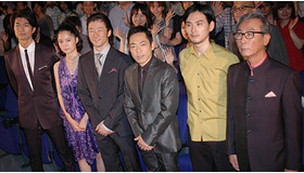 『劔岳　点の記』初日舞台挨拶。（左から）仲村トオル、宮崎あおい、浅野忠信、香川照之、松田龍平、木村大作