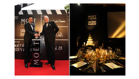 写真左：別所哲也氏とモエ マーク・ベディングハム氏　右：セレブレーションを華やかに彩るシャンパンブランド「モエ・エ・シャンドン」