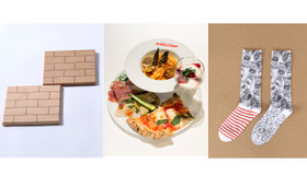 左：「赤レンガコースター」400円（税抜き）3月1日～「Hacoa DIRECT STORE」（4F）にて数量限定200個で販売。 中央：KITTE1周年記念アニバーサーリー「ピアットウニコランチ」1,800円（税抜き）3月15日～31日まで「ピッツェリア エ トラットリア ダ・ボッチャーノ」（5F）にてランチ1日10食限定で提供。ドリンク付き。 右：「KITTE1周年記念限定プリントソックス」各2,000円（税抜き）3月21日より「Tabio」（3F）にて各100足の数量限定で販売。※2014年4月からの消費税率8％への引き上げにともない、価格は税抜き価格としている