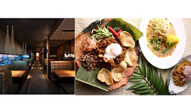 左：店内の中央に広がる巨大水槽。全席アクアリウムビュー　右：エスニック本来のスパイスや楽しさに加え、和・洋・中のテイストをMIXさせた創作エスニック、モダンエスニック。