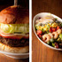 左：ハンバーガー フレンチフライ添え。シンプルなハンバーガーから、「アボカド ＆ チェダー バーガー」「マッシュルーム ＆ モッツァレラ バーガー」などもあり、トッピングも豊富　右：コブサラダ