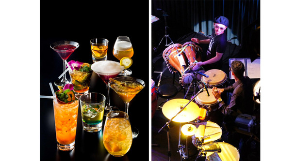 左：バタドラムとジャズから着想を得た個性的な9種のオリジナルカクテル（全品 各1,500円）。クラシカルなウィスキーベースでつくられており、いずれもエキゾチックな香り漂う大人の味わい。右：バタドラムの演奏風景