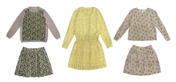 ポール＆ジョー シスター 2014年秋冬フラワーコレクション。左から、ニット 20,520円、スカート 20,520円、中央 ワンピース 31,320円、右 ブラウス 24,840円、スカート 20,520円。