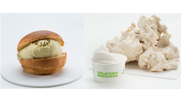 「マルゲラ」2周年記念メニュー。左、「シニフィアン・シニフィエ」とのコラボメニューのブリオッシュジェラート。右、「竹鶴酒造」とのコラボメニューの酒粕ジェラート。