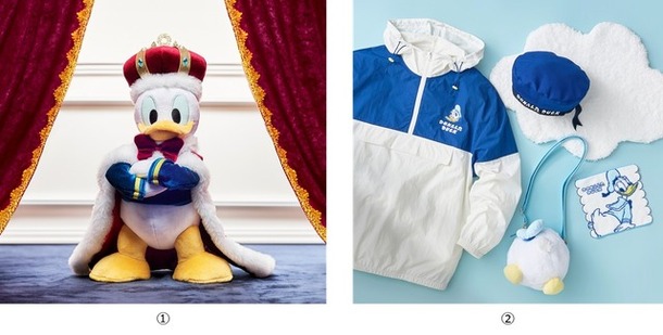 「DONALD THE KING BIRTHDAY」ぬいぐるみ 5000円「DONALD MOKOMOKO BIRTHDAY」ブルゾン 8,800円／ベレー帽 4,000円／マルチポシェット 3,300円／ミニタオル 900円 （C）Disney