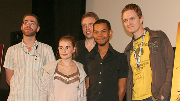 『リーロイ！』（左から）オリファー・シュトルツプロデューサー、アンナ・ハウズブルグ、ヤン・クルーガープロデューサー、アライン・モレル、アルミン・フォルカース監督 東京国際映画祭ティーチイン