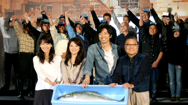 『築地魚河岸三代目』製作発表記者会見（左から）森口瑤子、田中麗奈、大沢たかお、伊東四朗