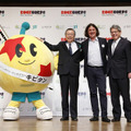 4月9日（水）、JTアートホール アフィニスにて行われた報道関係者向けの記者発表会にて。福島県の復興シンボルキャラクター「キビタン」と、左から福島県知事 佐藤 雄平氏、、RockCorps 共同創設者 CEO スティーブン・グリーン氏、宮崎秀樹・JT取締役副社長。