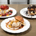 「グロリアス チェーン カフェ心斎橋」で新登場のアイスクリームバーガーは、フルーツ（左上）、キャラメル（中央）、モカ（右上）の3種を用意。