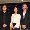 （左から）深田晃司監督、筒井真理子、古舘寛治／映画『淵に立つ』試写及び記者会見