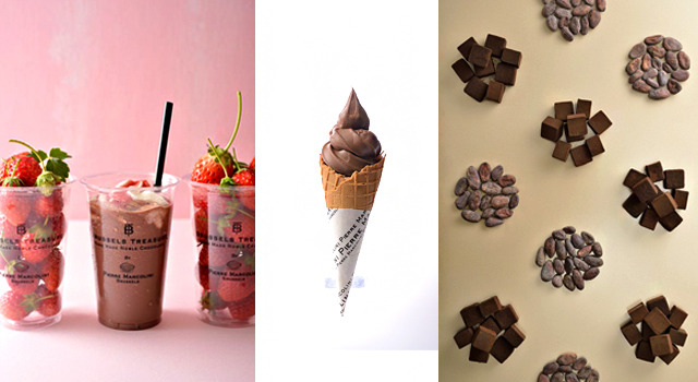 4月17日（木）ニューオープンのピエール・マルコリーニのメニュー　左から、春限定「コールド ストロベリー ショコランブル」（650円税抜）、都内初「ソフトショコラ」（400円税抜）、ブリュッセル トレジャー カカオ 生チョコレート（新作）