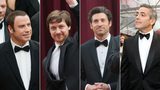 男性陣はタキシードを身にまといダンディーに登場 ジョン・トラヴォルタ（左）、ジェームズ・マカヴォイ（左から2番目）、パトリック・デンプシー（右から2番目）、ジョージ・クルーニー（右）Matt Petit、Richard Harbaugh / &copy;A.M.P.A.S.