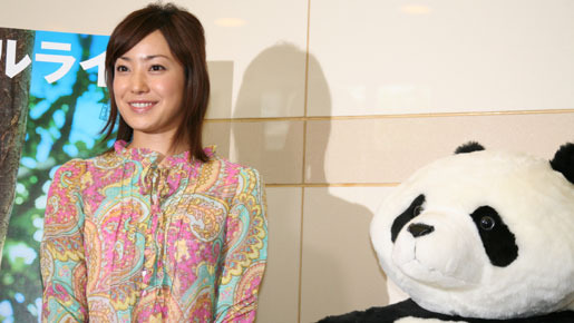 パンダのぬいぐるみと一緒にニッコリ　菅野美穂