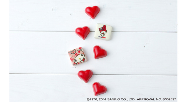 コンパーテス×マイメロのコラボ商品。オリジナルトリュフのひとつには「スカルずきん」を身に着けたマイメロディが描かれている。