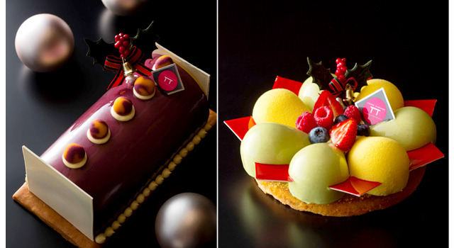 『ピエール・ガニェール パン・エ・ガトー』2014年クリスマスケーキの予約受付開始。左、「ビュッシュ・ド・ノエル マロン」（6,480円） 右、「ピスターシュ マンダリン」（6,480円）