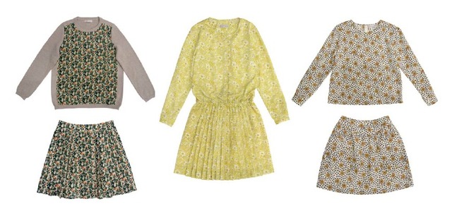 ポール＆ジョー シスター 2014年秋冬フラワーコレクション。左から、ニット 20,520円、スカート 20,520円、中央 ワンピース 31,320円、右 ブラウス 24,840円、スカート 20,520円。