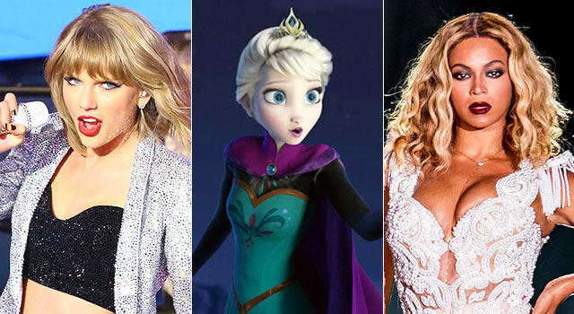 テイラー・スウィフト＆エルサ（雪の女王）＆ビヨンセ -(C) Getty Images／『アナと雪の女王』-(c) 2013 Disney Enterprises, Inc. All Rights Reserved.