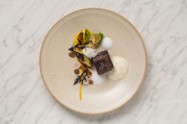 「アクアヴィット」特別コースメニュー「Two Starred Nordic Tasting」より、「ビーフブリスケットのプレゼと根菜のピュレ」。