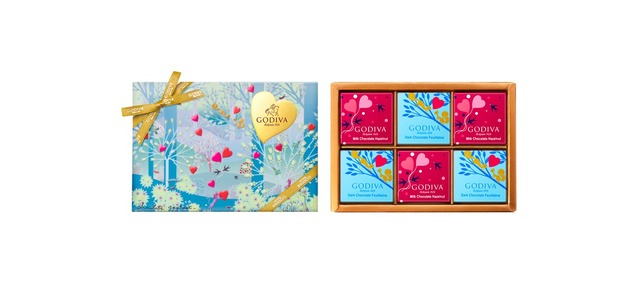 限定カレ2種類「ミルク ヘーゼルナッツ」と「ダークフィユティー ヌ」を詰め合わせた「クープダムール カレアソートメント」6枚入 972円。