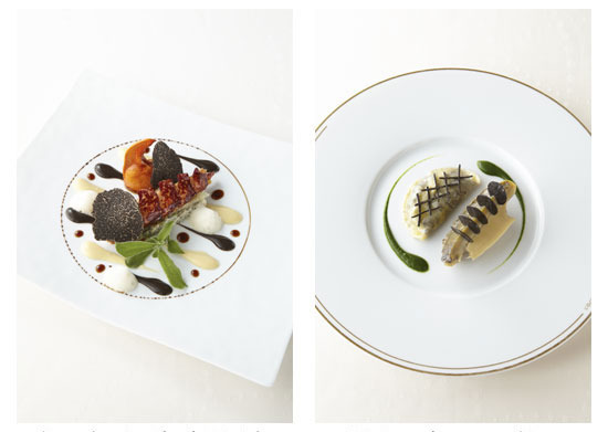 クルスタッセのジュをラケしたオマール・ブルー 晩白柚とアイスプラントのサラダ仕立て（ランチ、ディナーコース）と黒トリュフをコンティゼして温めた黒鮑 トリュフとあわびの肝入り野菜のラヴィオル（ディナーコース）
