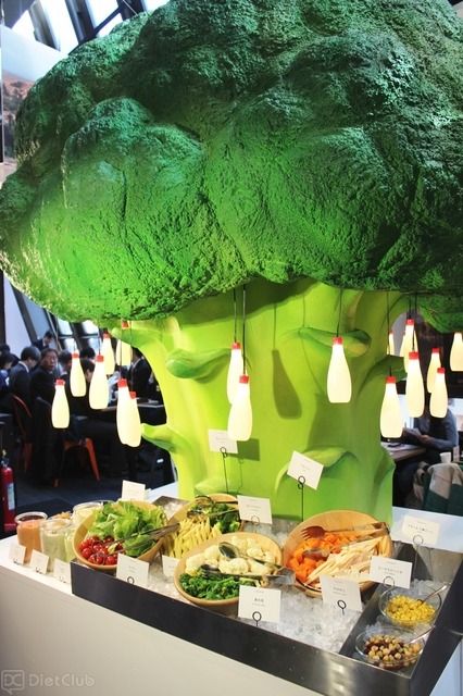 マヨネーズ型のライトがつりさげられた「ブロッツリー」と「サラダスタンド」コーナー