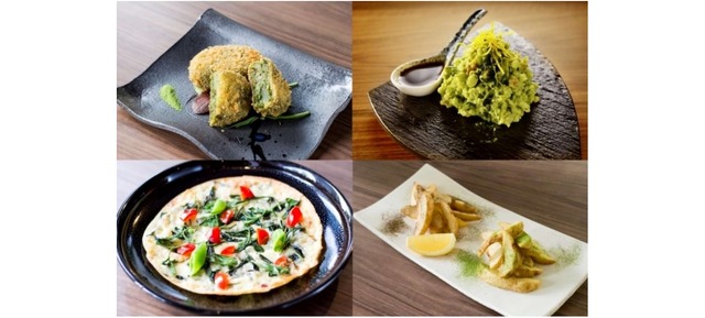 フードメニュー 左上より時計回りに：「抹茶コロッケ」「抹茶ポテサラ」「抹茶ポテトフライ」「新茶ピザ」