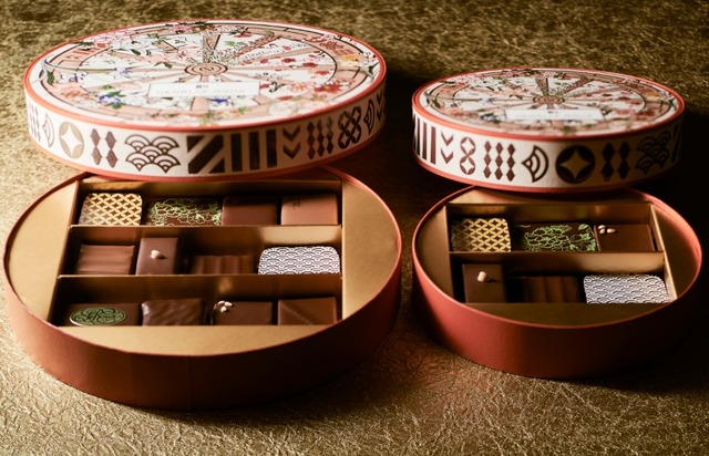 「アンリ・ルルー」×京友禅「千總」の限定パッケージで登場。写真左：12個入り6,048円（税込） 写真右：6個入り3,132円（税込）