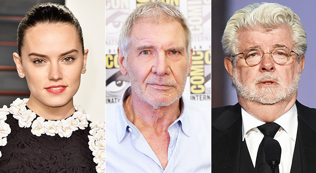 デイジー・リドリー＆ハリソン・フォード＆ジョージ・ルーカス監督-(C)Getty Images