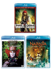 （上から時計回りに）『パイレーツ・オブ・カリビアン／生命（いのち）の泉』ブルーレイ、『ナルニア国物語／第1章：ライオンと魔女』ブルーレイ、『アリス・イン・ワンダーランド』ブルーレイ -(C) Disney