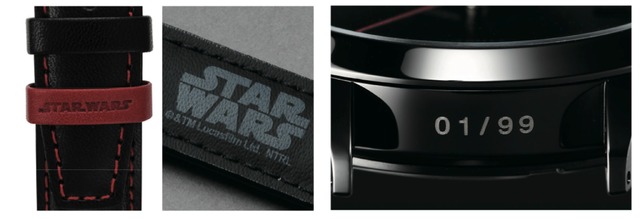 ストラップのループはレッドにし、ロゴを刻印。ステッチもレッドを縫い込みダース・ベイダーのカラーイメージとしました。６時側カン股にはシリアルナンバーをレーザー刻印。