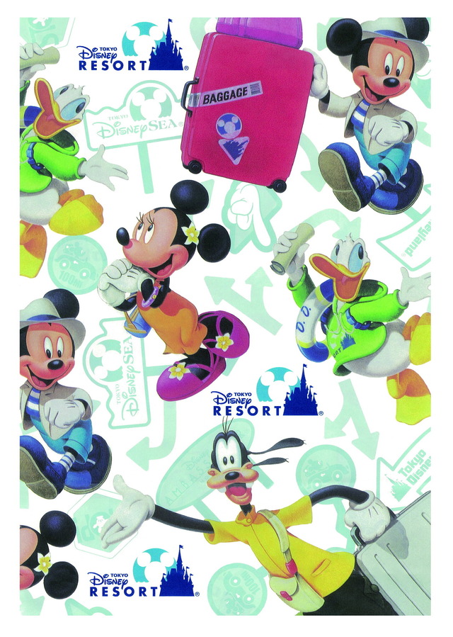 東京ディズニーリゾートのロゴがついているデザイン。ミッキーマウスと仲間たちが旅行を楽しんでいる様子が描かれています。As to Disney artwork, logos and properties： (C) Disney