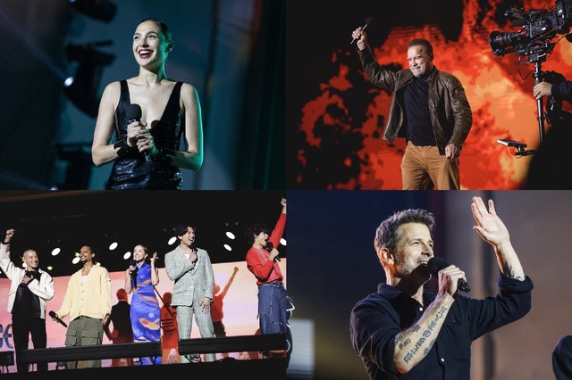 ガル・ガドット（『ハート・オブ・ストーン』）、右：アーノルド・シュワルツェネッガー（「FUBAR」）　　下段左：「ONE PIECE」キャスト、右：ザック・スナイダー監督（『レベル・ムーン（原題）』）