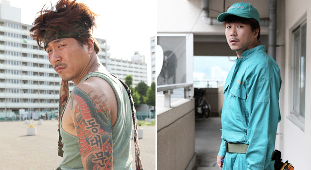 処刑人プルコギ（妄想の中／左）＆電気工パク・ヒョンホン（現実／右）／ヤンイクチュン『中学生円山』 -(C) 『中学生円山』製作委員会