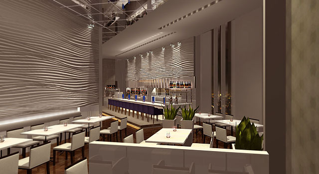 グレーのシックで落ち着いたムードに演出されている。オイスターバー＆シーフードレストラン「オイスタールーム　梅田ハービスエント店」店内イメージ