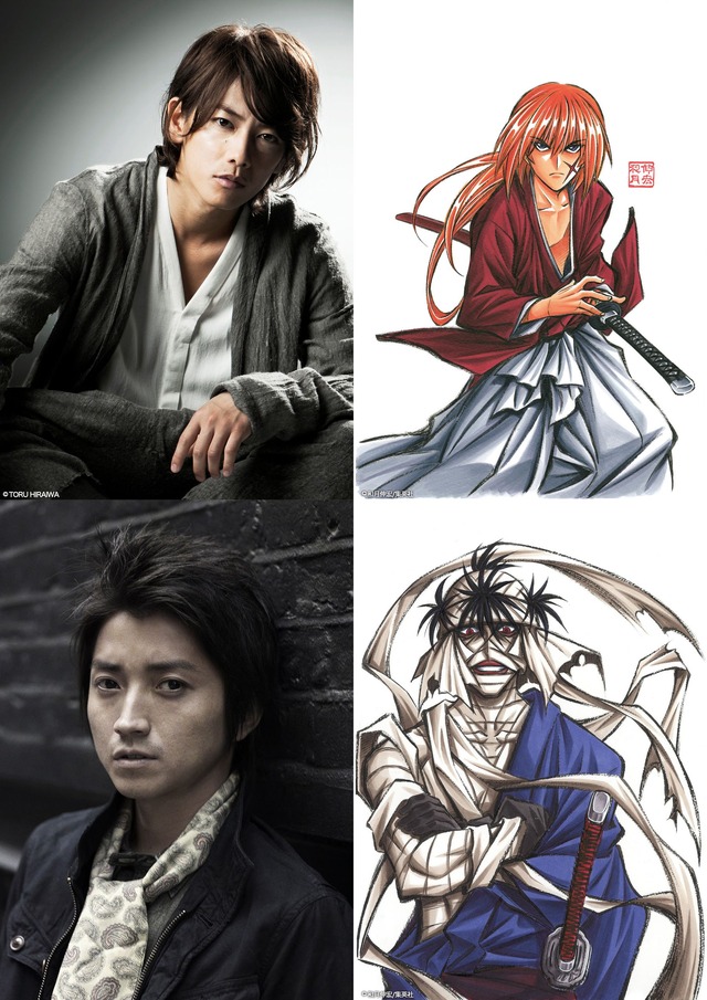 上段左：佐藤健、上段右：緋村剣心、下段左：藤原竜也、下段右：志々雄真実／『るろうに剣心 京都大火編』＆『るろうに剣心 伝説の最期編』-(C) 和月伸宏／集英社