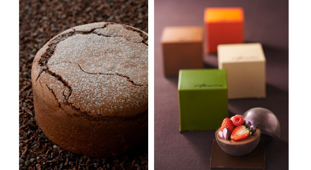 グランド ハイアット 東京　フィオレンティーナ ペストリーブティックにてバレンタインデーやホワイトデーのためのスイーツを販売。左：ガトーショコラ 1,200円、右：＜新作＞サプライズチョコレートボックス 各2,000 円
