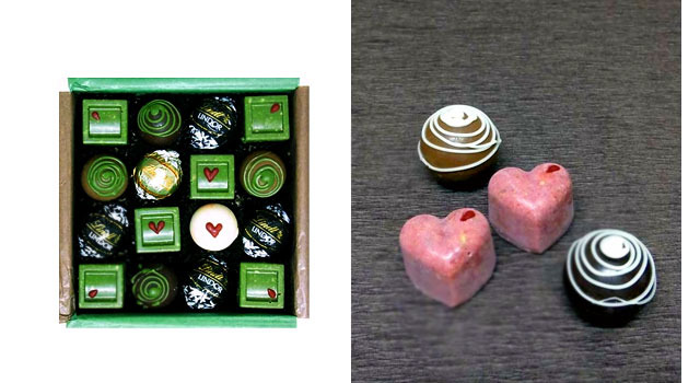リンツ ショコラ カフェ 自由が丘店　「バレンタインチョコレートメイキングセミナー」左：メンズボックスCoffret Homme(コフレ・オム)。リンツ・スイスクラシックシリーズのホワイトチョコレートをベースにした、抹茶とアーモンド風味のオリジナルチョコレート6個を製作。リンドール10個付き。　右：ガールズボックスCoffret Femme(コフレ・ファム)。リンツ・スイスクラシックシリーズのホワイトチョコレートをベースにした、フランボワーズとピスタチオ風味のオリジナルチョコレート8個を製作。リンドールは8個。