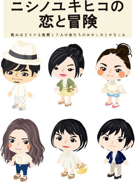 上段：ニシノユキヒコ（竹野内豊）、マナミ（尾野真千子）、昴（成海璃子）、下段：タマ（木村文乃）、ササキサユリ（阿川佐和子）、井口奈己監督／アメーバ・ピグ版『ニシノユキヒコの恋と冒険』