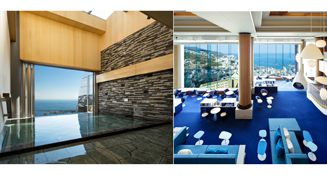 左：リゾナーレ熱海の温泉は東向きのため、季節によっては朝日が水平線から昇るところを見ることができる。スパトリートメント前に利用すれば相乗効果が得られる。右：9階エレベーターホールにあるライブラリーには、ロハス関連書籍や美しい写真集や、旅の本が揃う。ゆったりと コーヒーも飲めるスペースでくつろぎの時間を過ごせる。